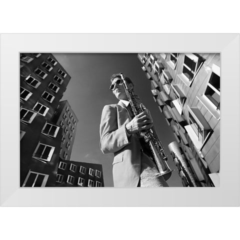 Dr.Sax Is In Town White Modern Wood Framed Art Print by Jovancevic, Dragan