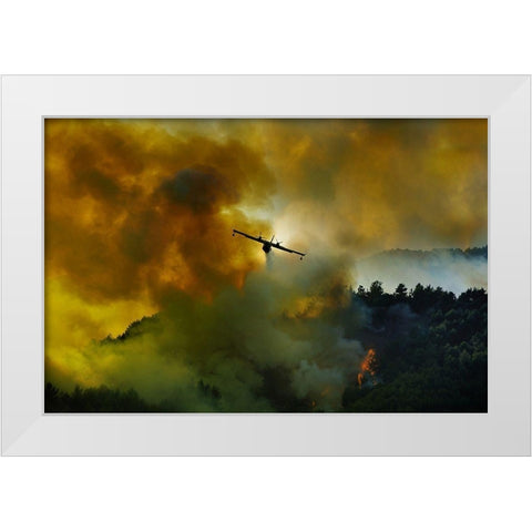 Canadair Aircraft In Action - Fighting For The Salvation Of The Forest. White Modern Wood Framed Art Print by Grambone, Antonio