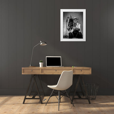 The Old Man With His Figting Cock White Modern Wood Framed Art Print by Mazalrey, Alain