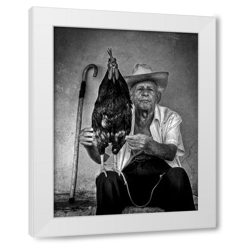 The Old Man With His Figting Cock White Modern Wood Framed Art Print by Mazalrey, Alain