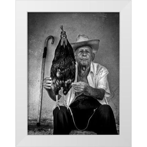 The Old Man With His Figting Cock White Modern Wood Framed Art Print by Mazalrey, Alain