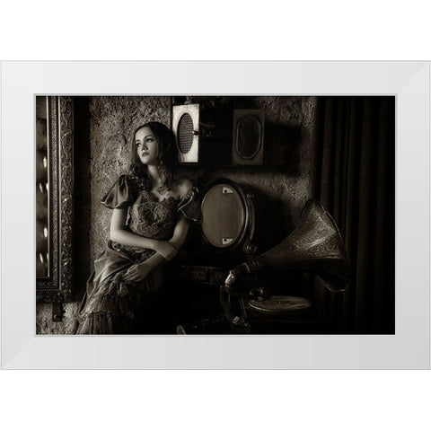 Listen To The Old Music White Modern Wood Framed Art Print by Sri Hatmoko, Pramujo