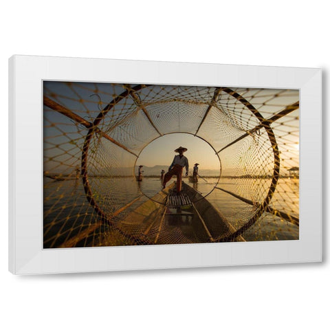 Inle Fisherman White Modern Wood Framed Art Print by Song, Gunarto