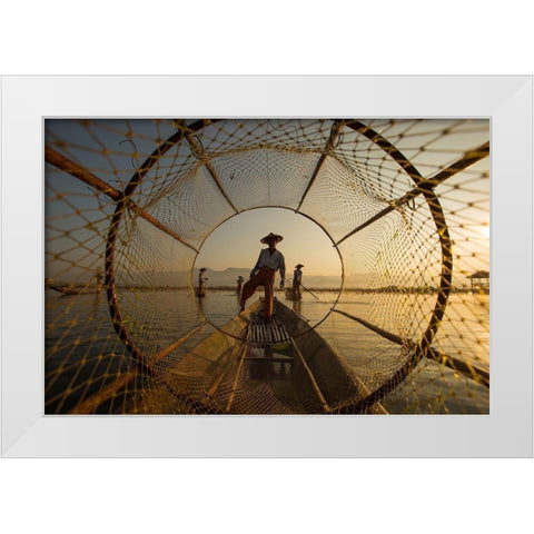 Inle Fisherman White Modern Wood Framed Art Print by Song, Gunarto