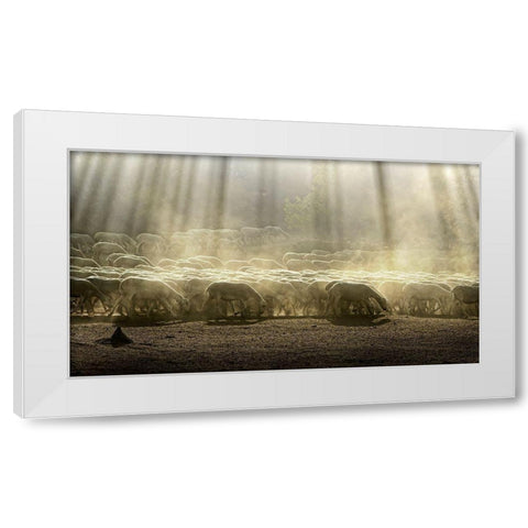 Herd Sheep In The Forest White Modern Wood Framed Art Print by Georgiev, Deyan