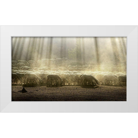 Herd Sheep In The Forest White Modern Wood Framed Art Print by Georgiev, Deyan