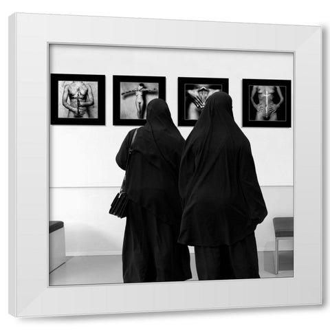 Watching The Exhibition Of John Lommen White Modern Wood Framed Art Print by Limberg, Huib