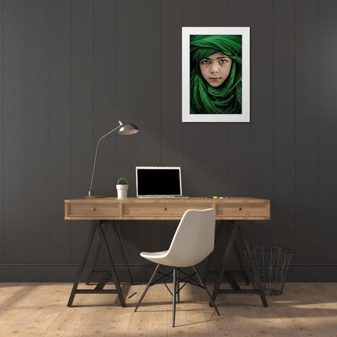 Green Boy White Modern Wood Framed Art Print by Dhahi, Saeed