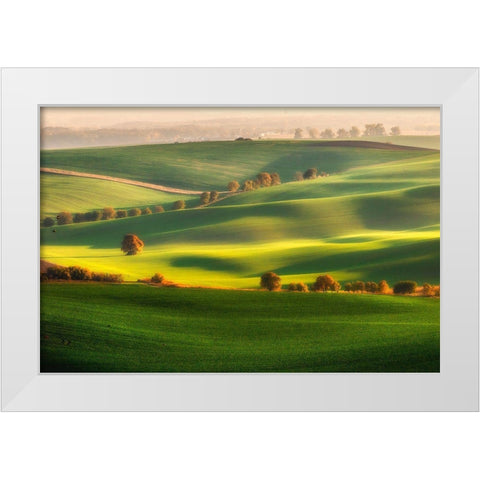 Green Fields White Modern Wood Framed Art Print by Krol, Piotr