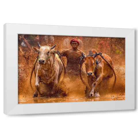 The Red Hat White Modern Wood Framed Art Print by Hendriko, Media