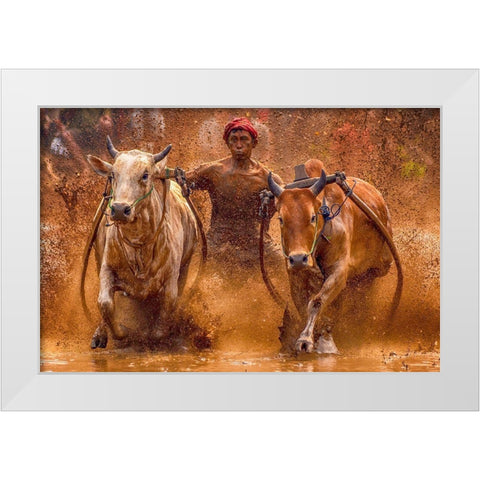 The Red Hat White Modern Wood Framed Art Print by Hendriko, Media