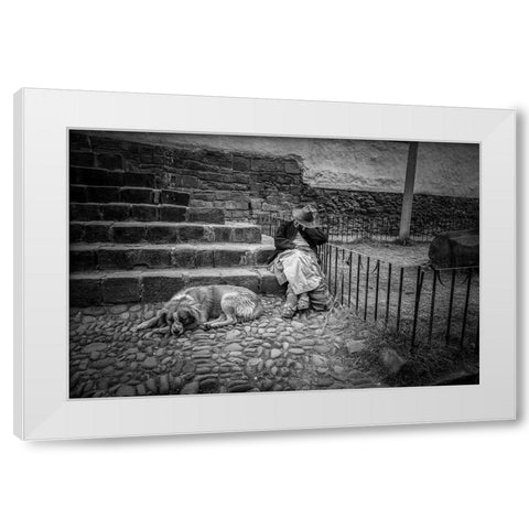 Portrait Of A Woman And Her Dog White Modern Wood Framed Art Print by Faber, Wave