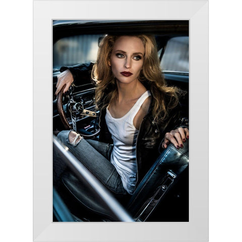 Waiting To Reverse My 69 Ford Mustang White Modern Wood Framed Art Print by Peter Muller Photography