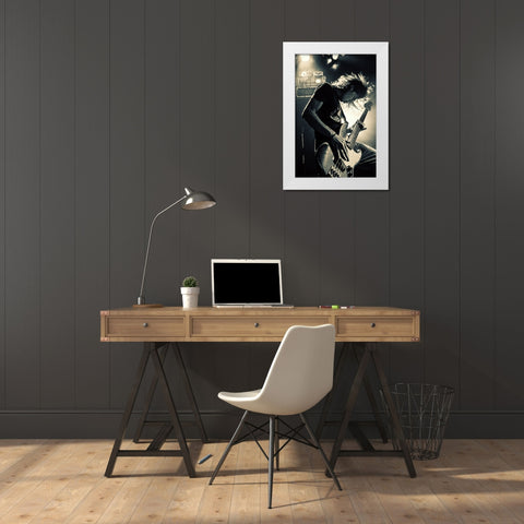 Playing Bassguitar White Modern Wood Framed Art Print by Nakamatsu, Kenji