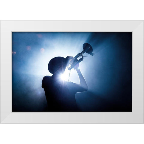 Trumpet Player White Modern Wood Framed Art Print by De Klerck, Erik