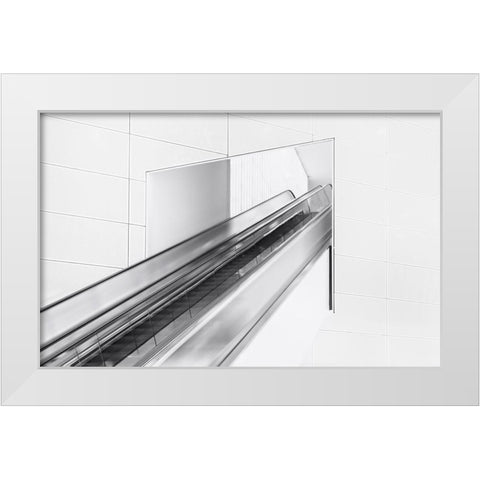 Escalator To The Unknown. White Modern Wood Framed Art Print by Van Son, Greetje
