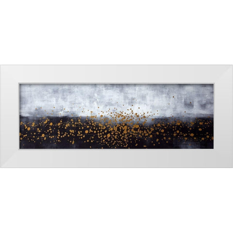 GOLD PAINT SPLASH ON GRAY BACKGROUND White Modern Wood Framed Art Print by Atelier B Art Studio
