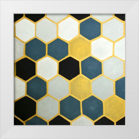BLUE AND GOLD CELLS White Modern Wood Framed Art Print by Atelier B Art Studio