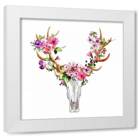 Rustic Deer Skull with Flowers White Modern Wood Framed Art Print by Atelier B Art Studio