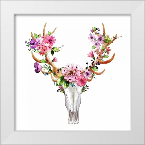 Rustic Deer Skull with Flowers White Modern Wood Framed Art Print by Atelier B Art Studio