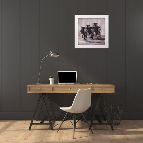 GROUP OF RUNNING BULLS White Modern Wood Framed Art Print by Atelier B Art Studio