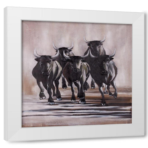GROUP OF RUNNING BULLS White Modern Wood Framed Art Print by Atelier B Art Studio
