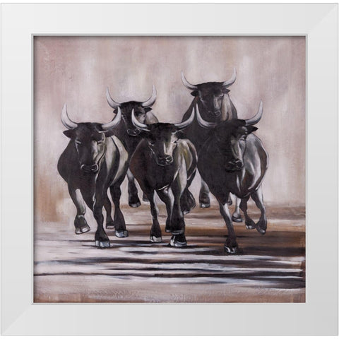 GROUP OF RUNNING BULLS White Modern Wood Framed Art Print by Atelier B Art Studio