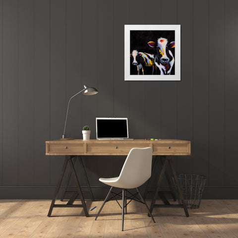 TWO FUNNY COWS White Modern Wood Framed Art Print by Atelier B Art Studio