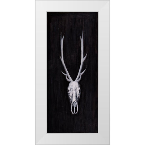 DEER SKULL ON BLACK BACKGROUND White Modern Wood Framed Art Print by Atelier B Art Studio
