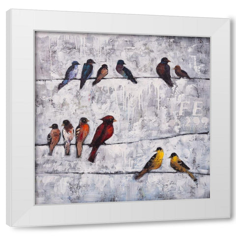 COLORFUL BIRDS ON BRANCHES White Modern Wood Framed Art Print by Atelier B Art Studio