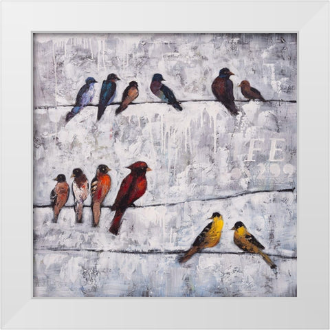 COLORFUL BIRDS ON BRANCHES White Modern Wood Framed Art Print by Atelier B Art Studio