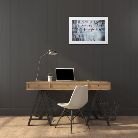 ABSTRACT BIRDS ON ELECTRIC WIRE White Modern Wood Framed Art Print by Atelier B Art Studio