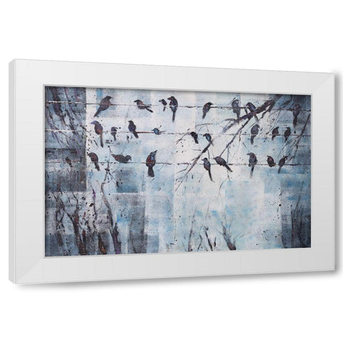 ABSTRACT BIRDS ON ELECTRIC WIRE White Modern Wood Framed Art Print by Atelier B Art Studio