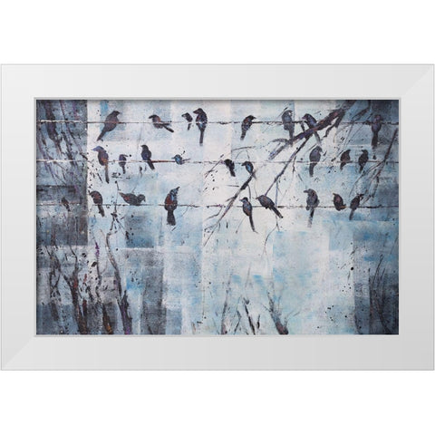 ABSTRACT BIRDS ON ELECTRIC WIRE White Modern Wood Framed Art Print by Atelier B Art Studio