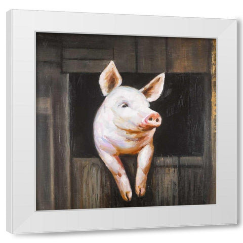 Smiling Pig White Modern Wood Framed Art Print by Atelier B Art Studio