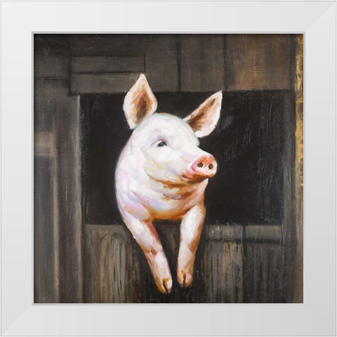 Smiling Pig White Modern Wood Framed Art Print by Atelier B Art Studio