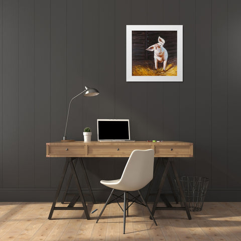 Happy Pig White Modern Wood Framed Art Print by Atelier B Art Studio