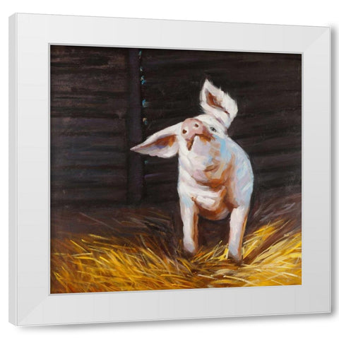 Happy Pig White Modern Wood Framed Art Print by Atelier B Art Studio