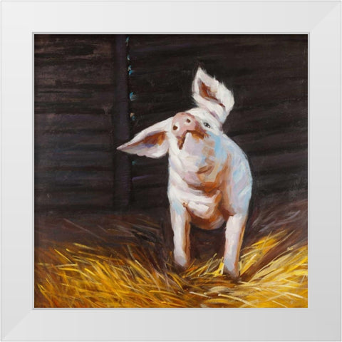 Happy Pig White Modern Wood Framed Art Print by Atelier B Art Studio