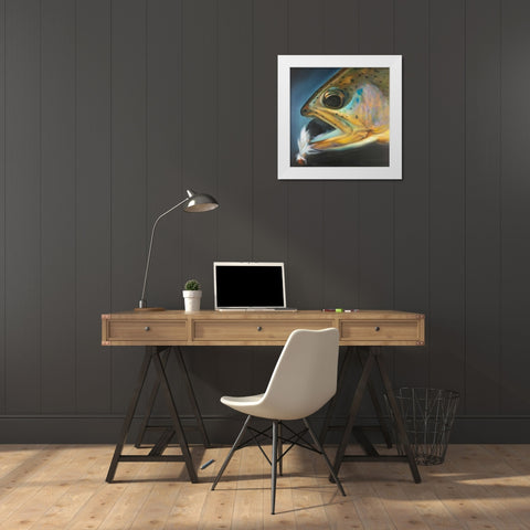 Golden Trout with Fly Fishing Flie White Modern Wood Framed Art Print by Atelier B Art Studio
