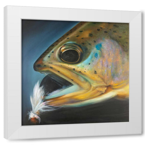Golden Trout with Fly Fishing Flie White Modern Wood Framed Art Print by Atelier B Art Studio