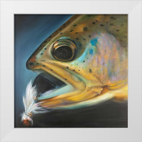Golden Trout with Fly Fishing Flie White Modern Wood Framed Art Print by Atelier B Art Studio