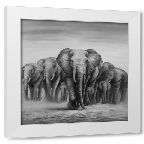 Herd Elephants White Modern Wood Framed Art Print by Atelier B Art Studio