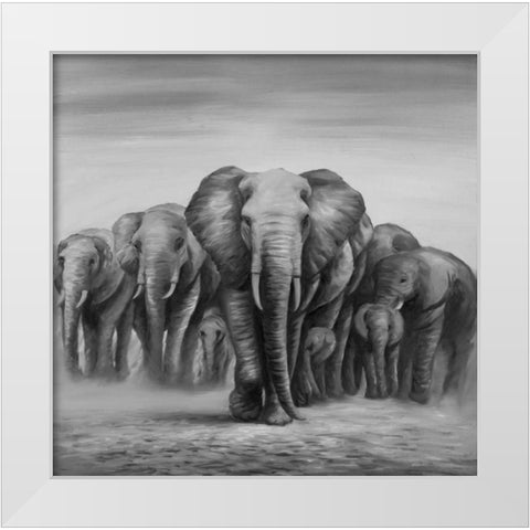 Herd Elephants White Modern Wood Framed Art Print by Atelier B Art Studio
