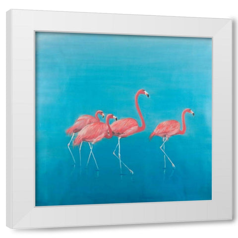 Four Flamingos White Modern Wood Framed Art Print by Atelier B Art Studio
