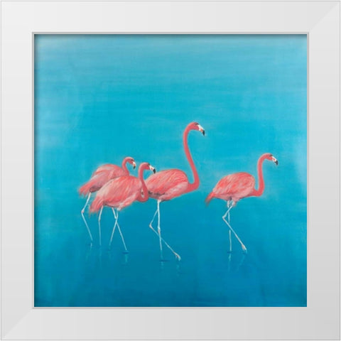 Four Flamingos White Modern Wood Framed Art Print by Atelier B Art Studio