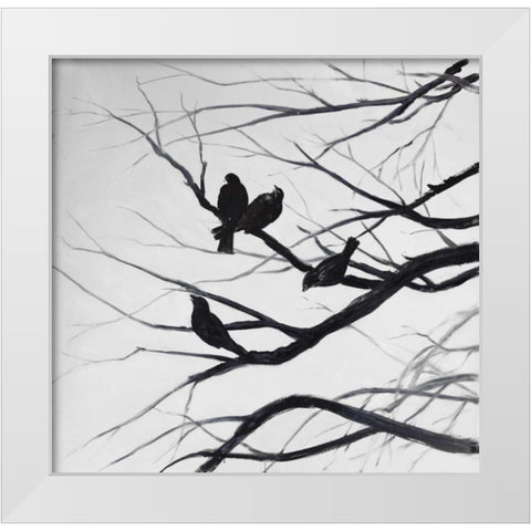Birds and Branches Silhouette White Modern Wood Framed Art Print by Atelier B Art Studio