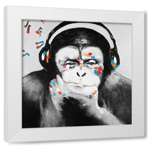 Monkey with Headphones White Modern Wood Framed Art Print by Atelier B Art Studio