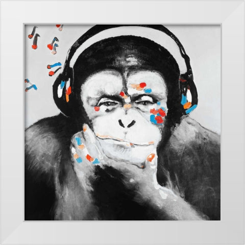Monkey with Headphones White Modern Wood Framed Art Print by Atelier B Art Studio