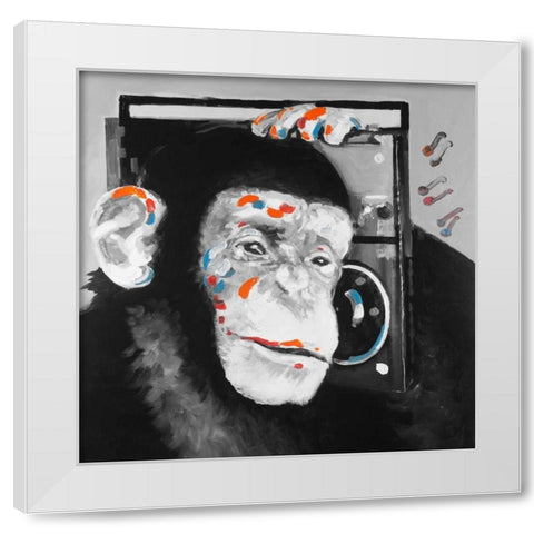 Monkey Listening to Radio White Modern Wood Framed Art Print by Atelier B Art Studio